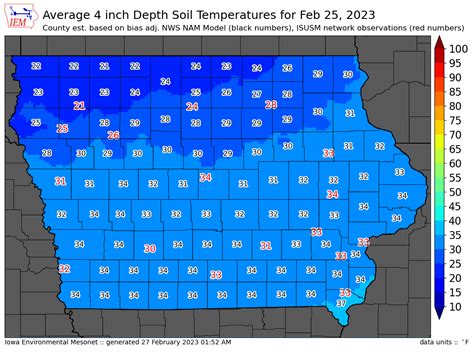 The Regional Mesonet Program (RMP) produces Soil Temperature maps at 2-inch and 4-inch depth for both bare soil and sod for the Midwest region. . Iowa 4 inch soil temp